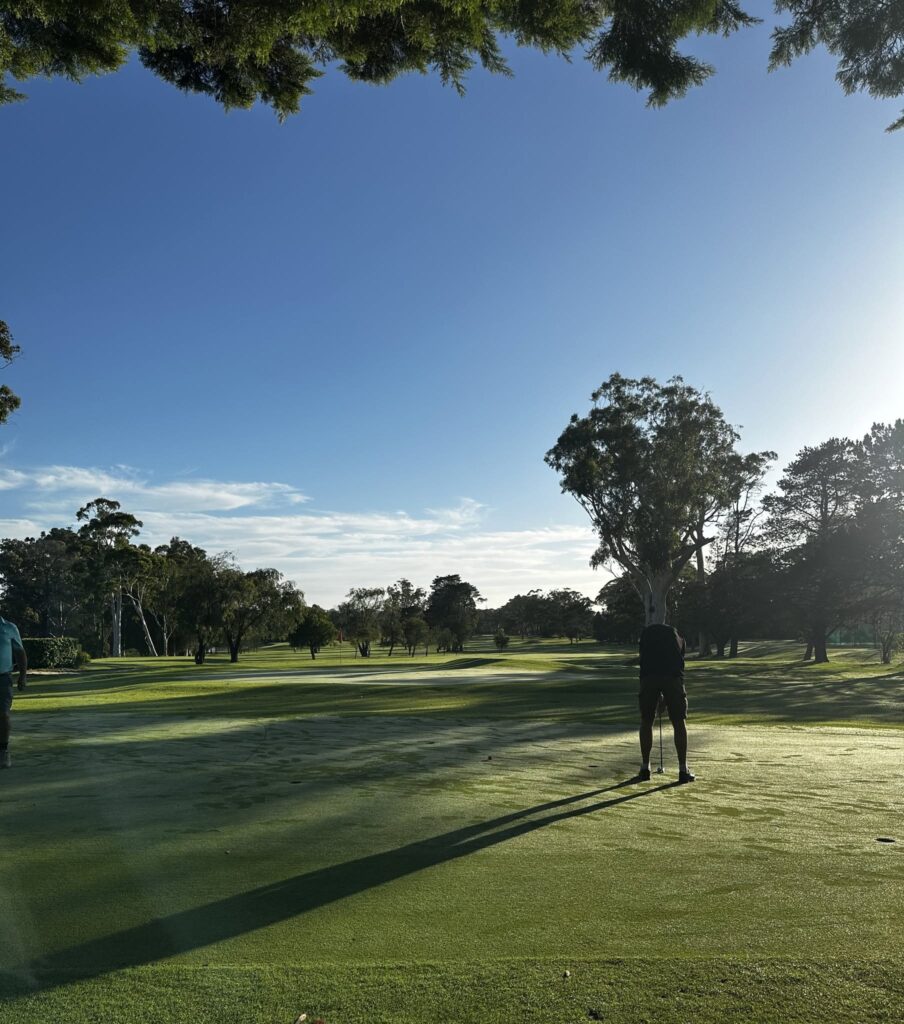 A lone golfer putts on a dew-covered green at St Georges Basin Golf Club, surrounded by tall eucalypts and native bushland under a clear blue morning sky.