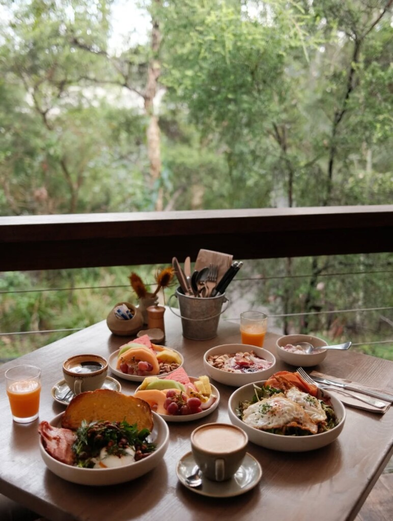 A morning breakfast spread on a wooden table on an open-air deck surrounded by green bushland at The Gunyah.