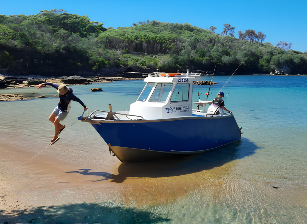 Boat and people enjoying the clear waters of Jervis Bay