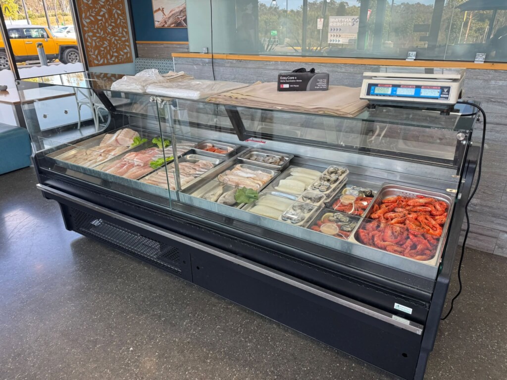 Fresh fish, prawns, oysters and seafood on display at The Salty Crab in Vincentia