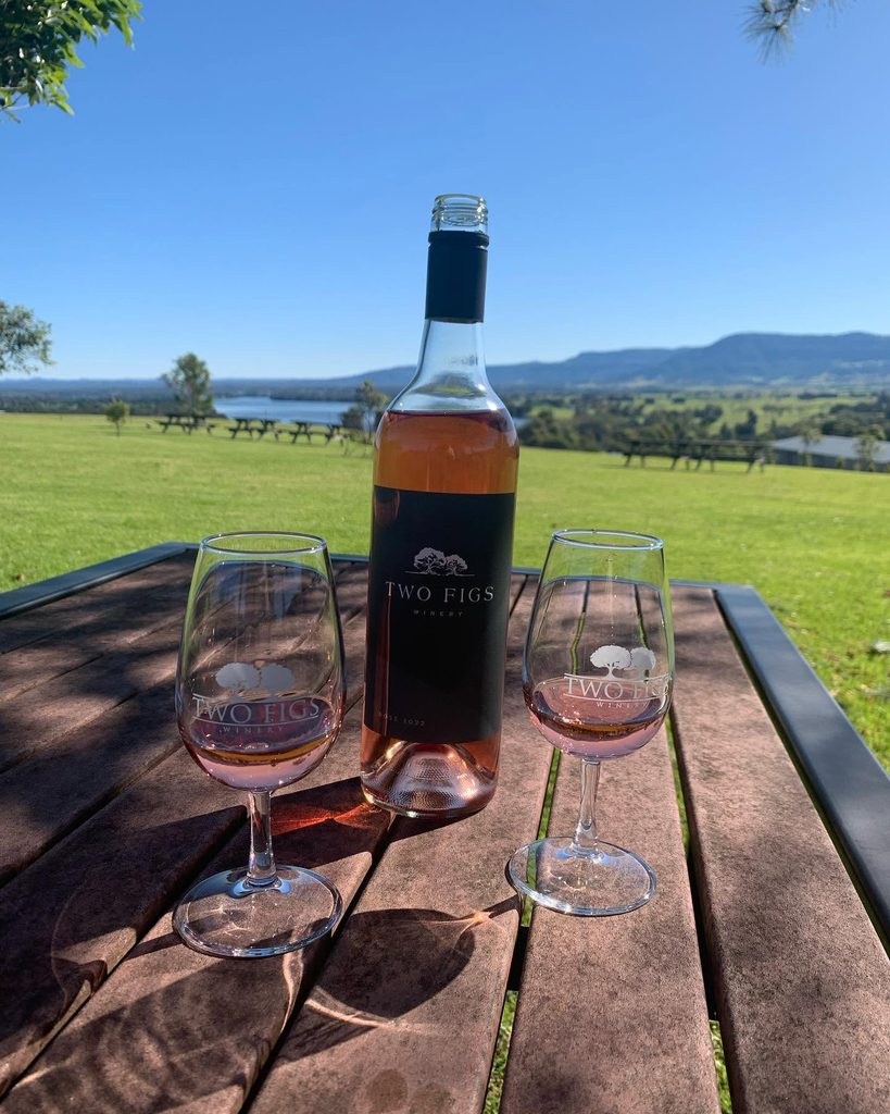 Guests enjoying a wine tasting at Two Figs Winery with a staff member presenting a bottle of wine.